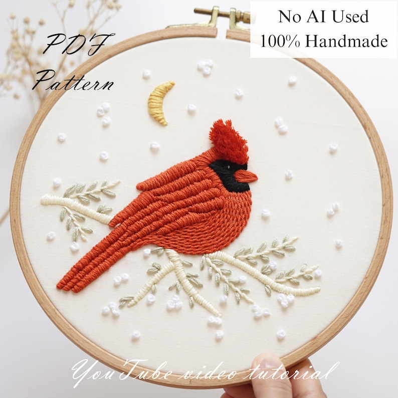PDF-mönster + videohandledning/Röd kardinal - Broderimönster - Broderidesigner - Broderimönster för nybörjare bild 1