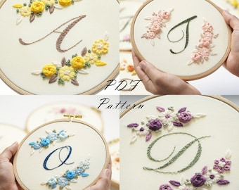 Patron PDF + tutoriel vidéo/Alphabet-Couronne-Motif de broderie main-Motifs de broderie de mariage-Motif de broderie pour débutants