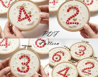Christmas Candy Cane Numbers Hand Embroidery Pattern (PDF Pattern + Video Tutorial)