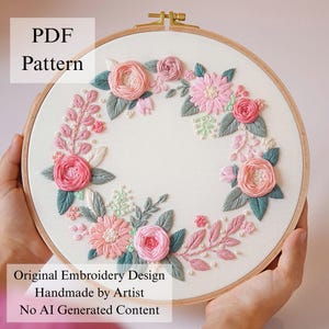 Frühlingskranz-Stickmuster: Anfänger DIY Blumenmuster (PDF Muster + Video Anleitung)