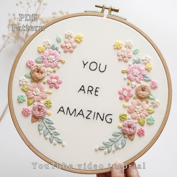 PDF pattern+ video tutorial/You are amazing-Hand embroidery pattern-Embroidery pattern-Embroidery designs-Beginner embroidery pattern
