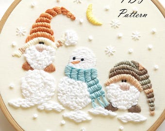 Gnomes and Snowman Embroidery Pattern: Christmas Design (PDF Pattern + Video Tutorial)