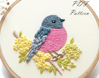 Pink Robin Hand Embroidery Pattern: Beginner DIY Floral Design (PDF Pattern + Video Tutorial