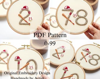Baseball Numbers 0-99 Embroidery Pattern: Beginner Hand Stitch (PDF Pattern + Video Tutorial)