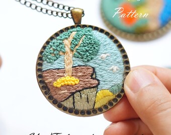 Embroidered Necklace Pattern: Green Rock Hand Embroidery (PDF Pattern + Video Tutorial
