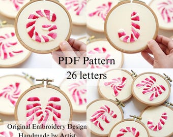 Alphabet Hand Embroidery Pattern: Christmas Berry Candy Cane Letters (PDF Pattern + Video Tutorial)