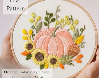 Peach Pumpkin Embroidery Pattern: Autumn Floral Design (PDF Pattern + Video Tutorial)
