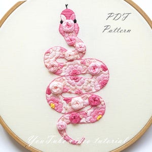 PDF pattern+ video tutorial/Pink snake-Hand embroidery pattern-Embroidery pattern-Spring Embroidery designs-Beginner embroidery pattern
