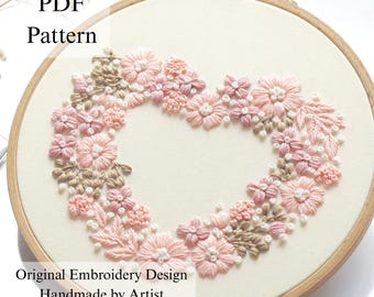 Patrón de bordado de corazón floral: Puntada a mano para principiantes (Patrón en PDF + Videotutorial)