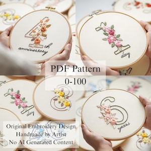 May include: A collection of circular wooden embroidery hoops featuring floral-themed numbers and text. Each hoop displays a unique number embroidered with colorful thread flowers and green leaves, accompanied by cursive text like anniversary, day, or years.