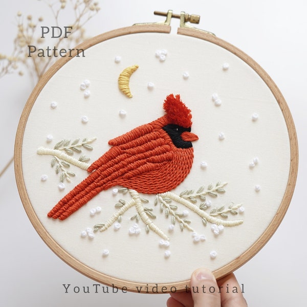 PDF pattern+ video tutorial/Red cardinal-Embroidery pattern-Embroidery designs-Beginner embroidery pattern