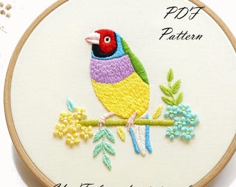 Gouldian Finch Hand Embroidery Pattern: Beginner Bird Design (PDF Pattern + Video Tutorial
