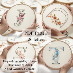 Patrón de bordado de flores con letras del alfabeto: Puntada a mano para principiantes (Patrón en PDF + Videotutorial)