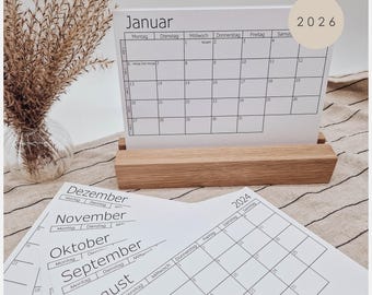 Tischkalender 2026: Kalenderkarten mit Halter aus Holz (Eiche) || Jahreskalender