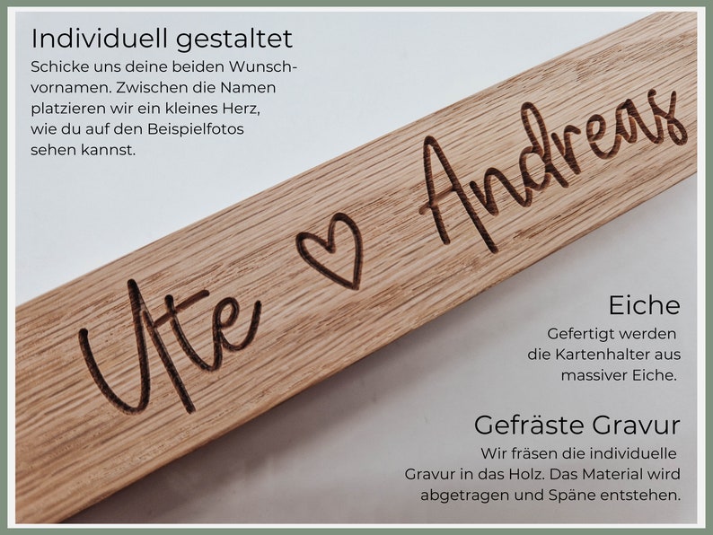 Hochzeitsgeschenk: Personalisierter Kartenhalter aus Eiche mit Gravur und kleiner Vase Bild 2