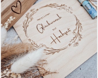 Holzkarte "Herzlichen Glückwunsch zur Hochzeit" | Grußkarte als Geldgeschenk zu Hochzeit