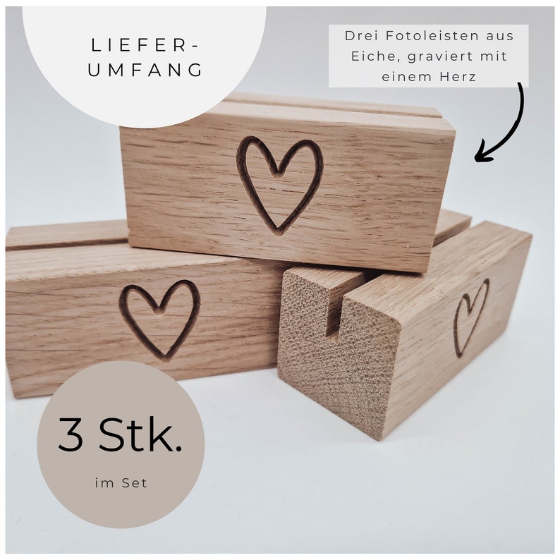 3 Stk. Fotoleisten aus Eiche mit Herz-Gravur kleines Geschenk für Fotos und Grußkarten Bild 6