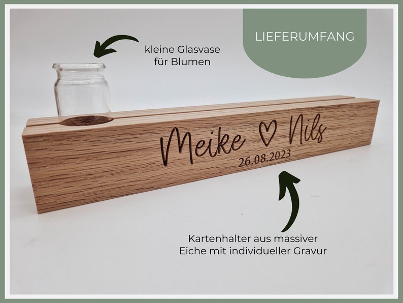 Hochzeitsgeschenk: Personalisierter Kartenhalter aus Eiche mit Gravur und kleiner Vase Bild 3