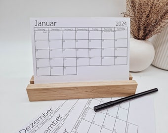 Tischkalender 2024: Kalenderkarten mit Halter aus Holz (Eiche) || Jahreskalender