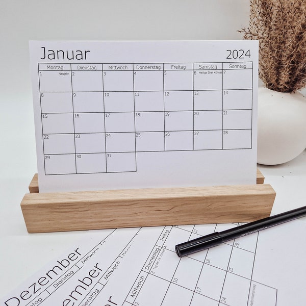 Tischkalender 2024: Kalenderkarten mit Halter aus Holz (Eiche) || Jahreskalender