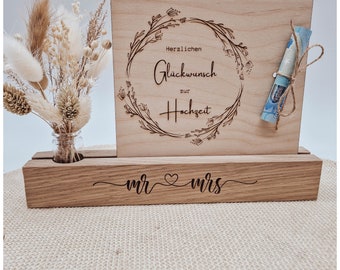 Huwelijkscadeauset met gedroogde bloemen || Fotobalk MR & MRS met houten kaart en droogbloemen