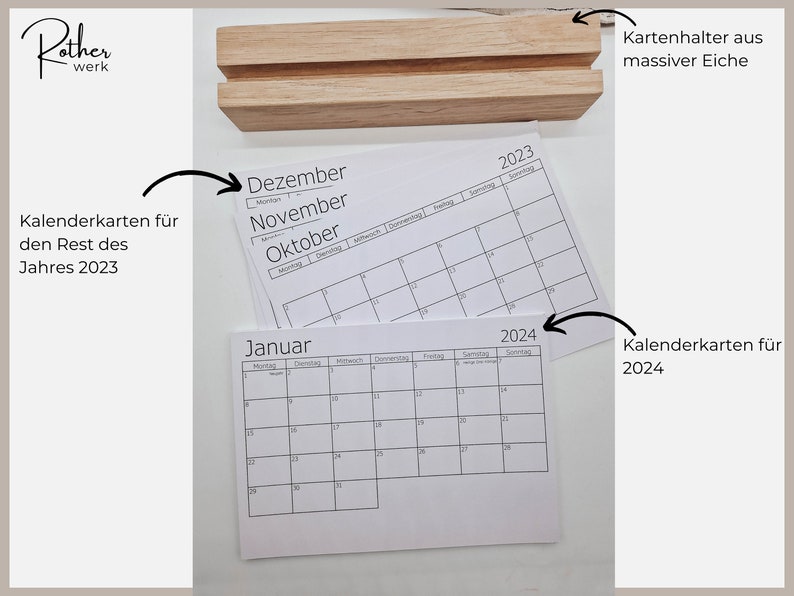 Tischkalender 2024: Kalenderkarten mit Halter aus Holz Eiche Jahreskalender Bild 2