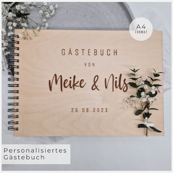 Personalisiertes Gästebuch aus Holz für Hochzeiten | Gästebuch mit Gravur (Vornamen und Hochzeitsdatum)