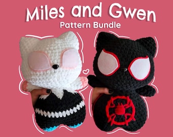 May include: Crochet pattern bundle for making Miles Morales and Gwen Stacy inspired plush toys. The plush toys are white and black with red accents. The pattern bundle includes instructions for making both characters.