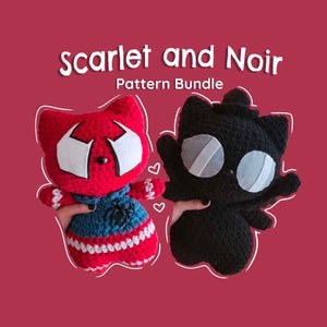 Mönsterpaket med Noir och Scarlet [amigurumi][virkad söt katt][superhjältemönster][virkad superhjälte][virkad spindelvers]
