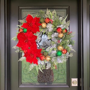 Flocked Poinsettia Christmas Wreath: Red Velvet Ornaments, Evergreen Door Hanger