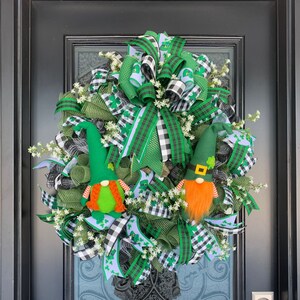 St. Patrick&#39;s Day Gnome Wreath: Buffalo Plaid Leprechaun Door Hanger