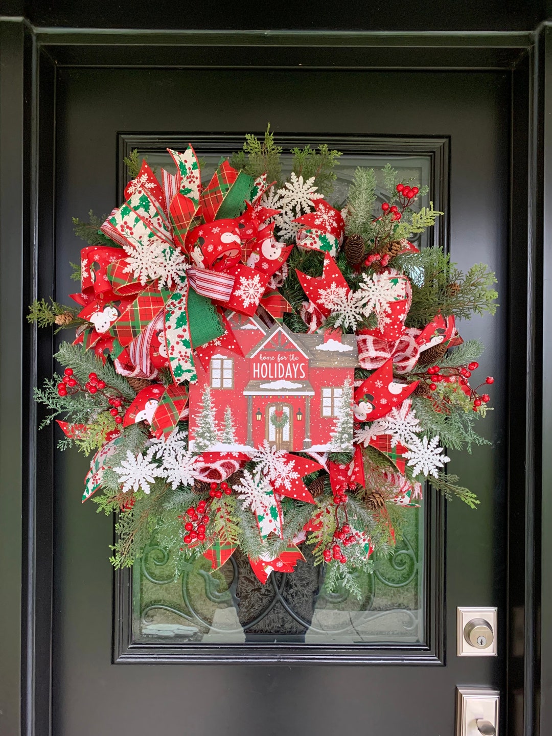 Christmas Evergreen Wreath With House for Mantle or Wall, Holiday Door ...