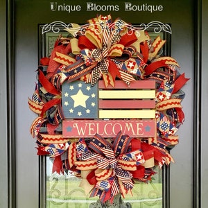 Patriotic Welcome Wreath: Rustic Americana Ribbon Door Hanger