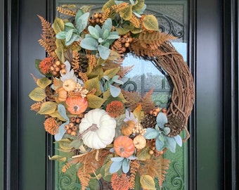 Lambs Ear Pumpkin Wreath: Large Autumn Farmhouse Door Hanger