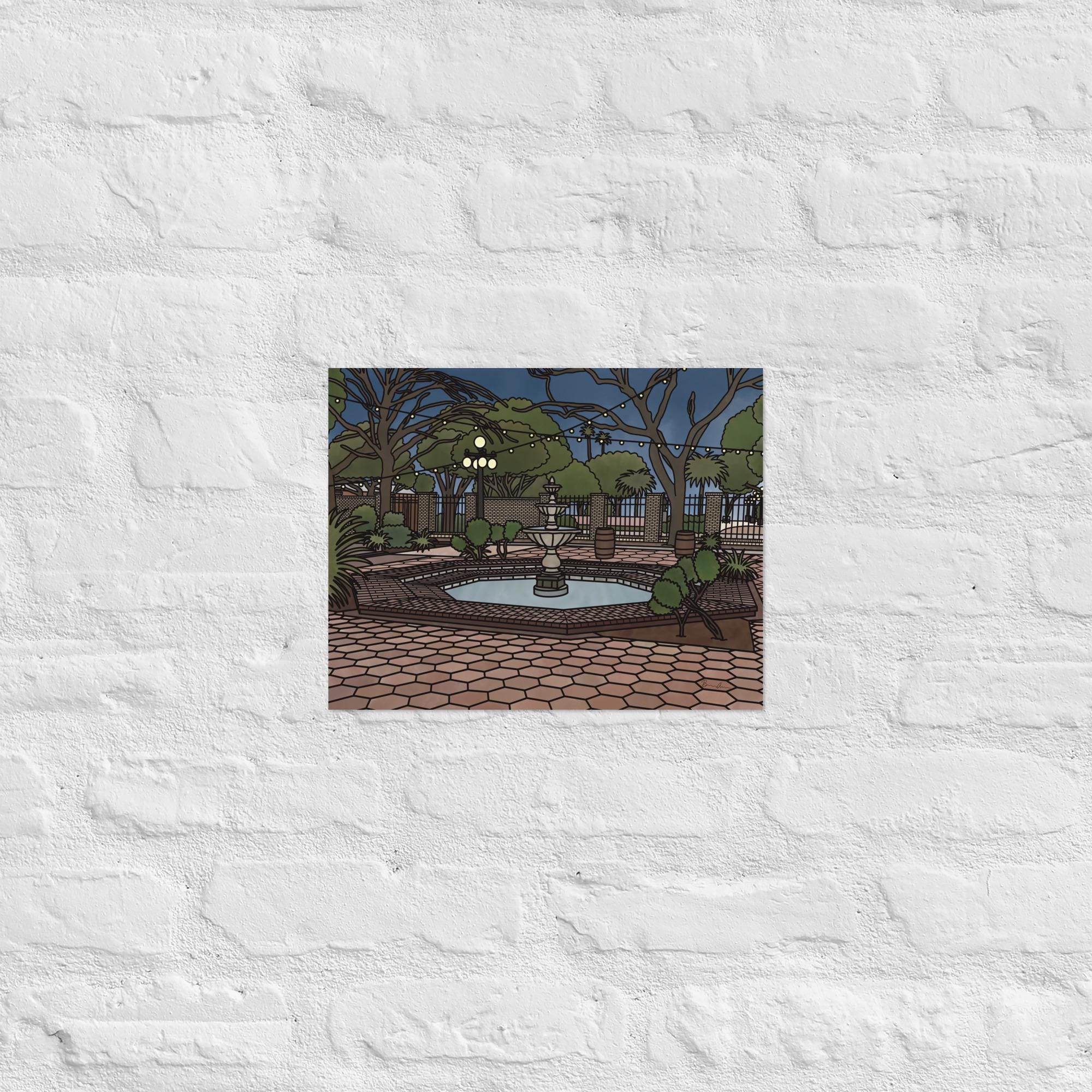 Courtyard Fountain Art Print, Garden Night Illustration, Elegant ...