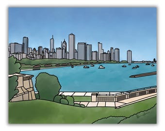 May include: A digital illustration of a city skyline featuring tall gray buildings across a blue body of water. The foreground shows green grassy hills, trees, and a stone wall structure. Several small boats are visible on the water.