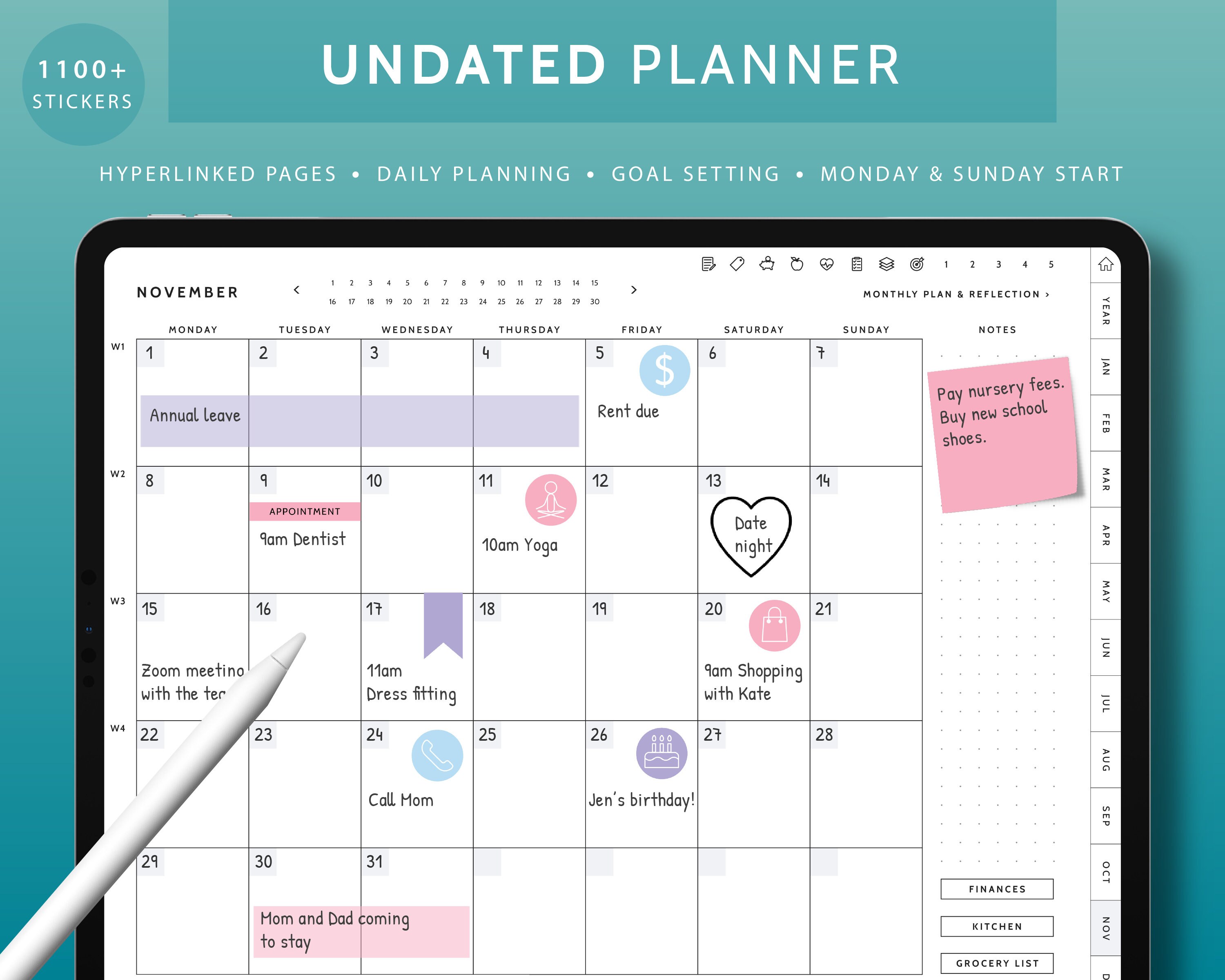 Digital Planner Goodnotes Undated Digital Planner Daily Xodo Notability ...