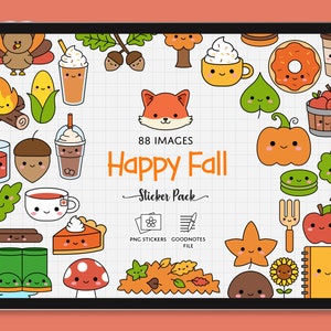 Kawaii Fall Autumn Digital Stickers, 88 Pre-cropped Autumn Planner Stickers and GoodNotes File, Cute Fall Planner Stickers, PNG