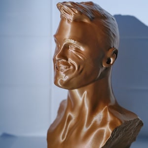 May include: A bronze-colored bust of a smiling person. The sculpture features detailed facial features, including hair, eyes, nose, and mouth. The bust is a three-dimensional representation of a person's head and upper chest.