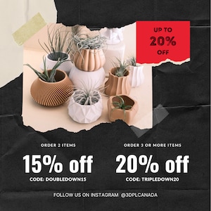 May include: A collection of small, decorative planters in various shapes and colors, including white, tan, and brown. The planters hold small air plants. Text on the image reads "Up to 20% Off" and "Follow us on Instagram @3DPLCANADA".