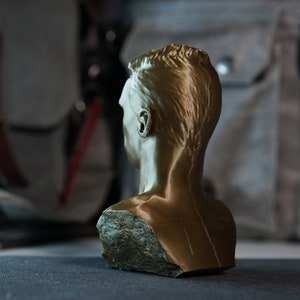 May include: A gold-colored bust of a person, viewed from the back, with detailed hair and ear. The bust is mounted on a textured, stone-like base. The background is blurred, suggesting an indoor setting.