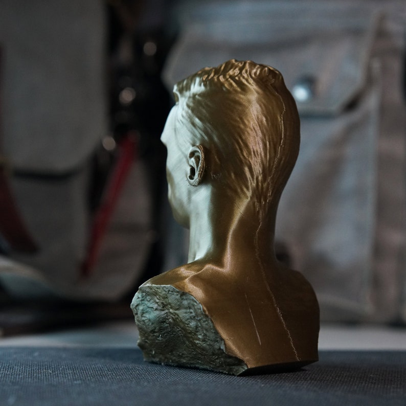 May include: A gold-colored bust of a person, viewed from the back, with detailed hair and ear. The bust is mounted on a textured, stone-like base. The background is blurred, suggesting an indoor setting.
