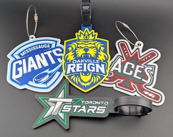 Custom Sports Bag Tag with Team Logo | Personalized Name & Number | Hockey Gift | Bag ID Tag + Rubber Strap