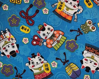 maneki neko lucky cat pattern Traditional indigo basics quilting cotton