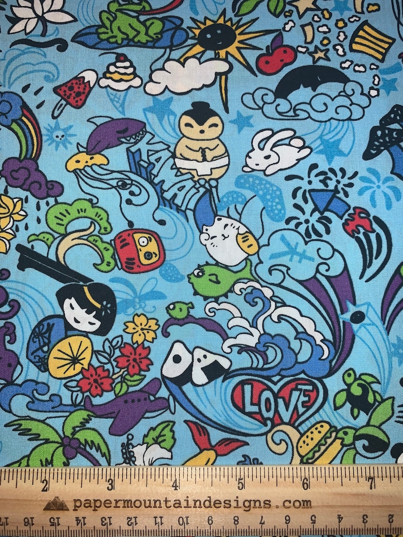 BTY Fabric Sale Sumo Crab 100/% Cotton Kawaii Tomodachi Friend Cartoon Hawaii Fabric in Blue Honu Kokeshi Sea Horse