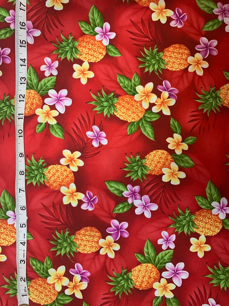 Fat Quarter Cut to Order 100/% Cotton Hawaii Plumeria and Pineapple Fabric on Red