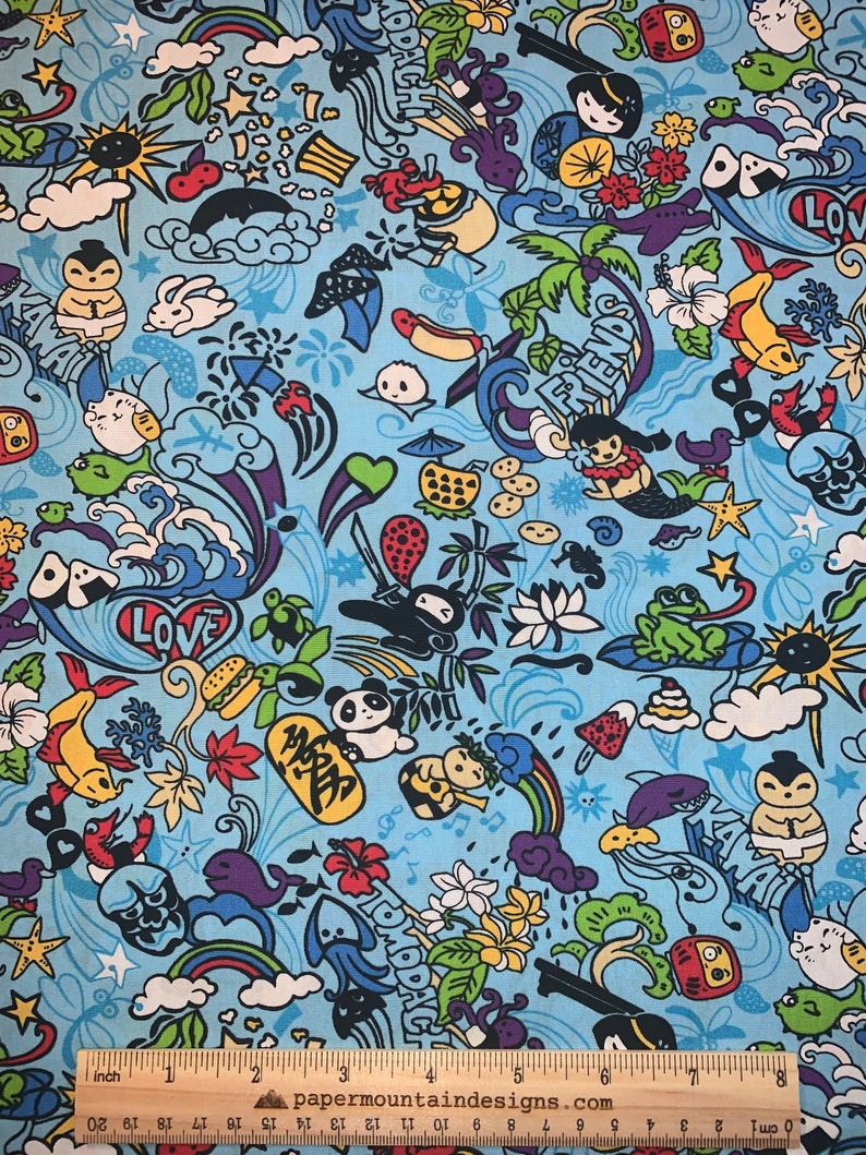 BTY Fabric Sale Sumo Crab 100/% Cotton Kawaii Tomodachi Friend Cartoon Hawaii Fabric in Blue Honu Kokeshi Sea Horse
