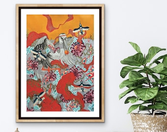Bright Floral Painting Print Animal Wall Art Print Asian Art Print Bohemian Art Print Asia Decor Wall Art Gift Home Decor Interior Design
