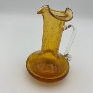 Vintage Art Glass Crazed Glass Amber Glass Pitcher with Long Neck