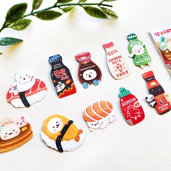 10 Asian Sauce & Sushi sticker pack - water resistant die cut sticker/ kawaii, cute, aesthetic, stationery, korean food, phone deco